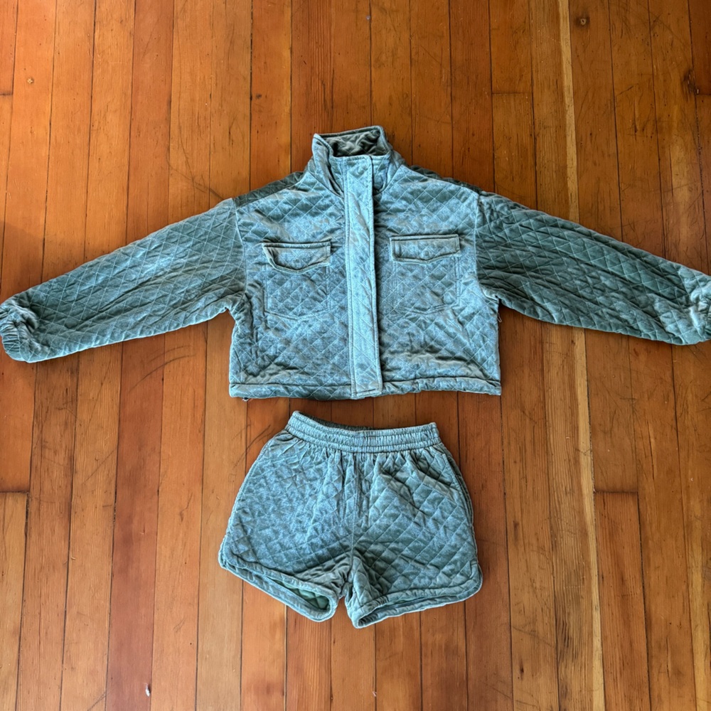 Sage Green Velvet Quilted Shorts and Jacket Matching Set - Picture 1 of 10